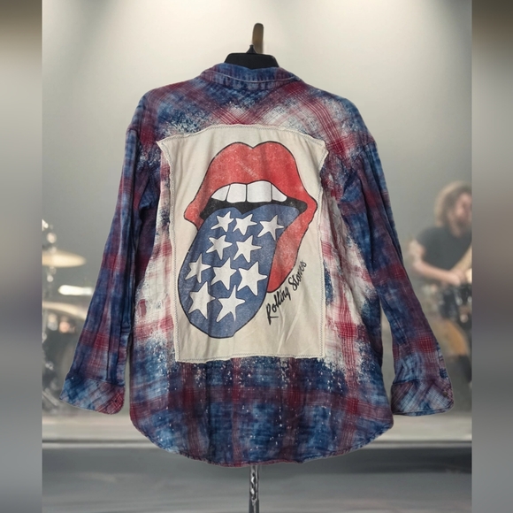Tops - Upcycled ROLLING STONES distressed Graphic Plaid Shirt